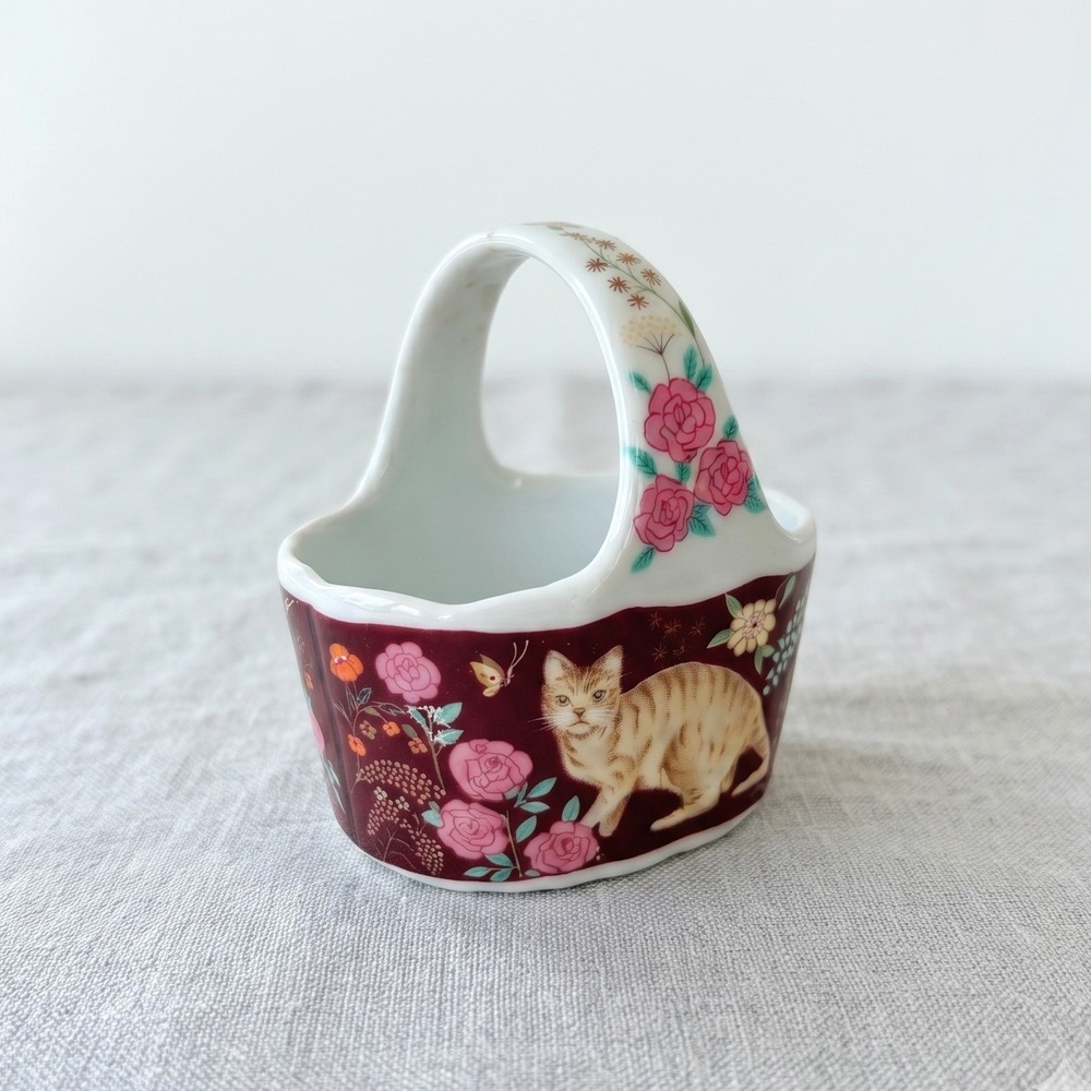 Vintage Porcelain Miniature Basket Ginger Tabby Cat Floral Trinket Dish Burgundy